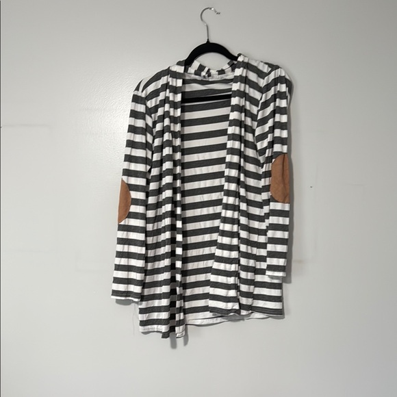mybe Tops - Striped Black and White Cardigan with Tan Elbow Patches
